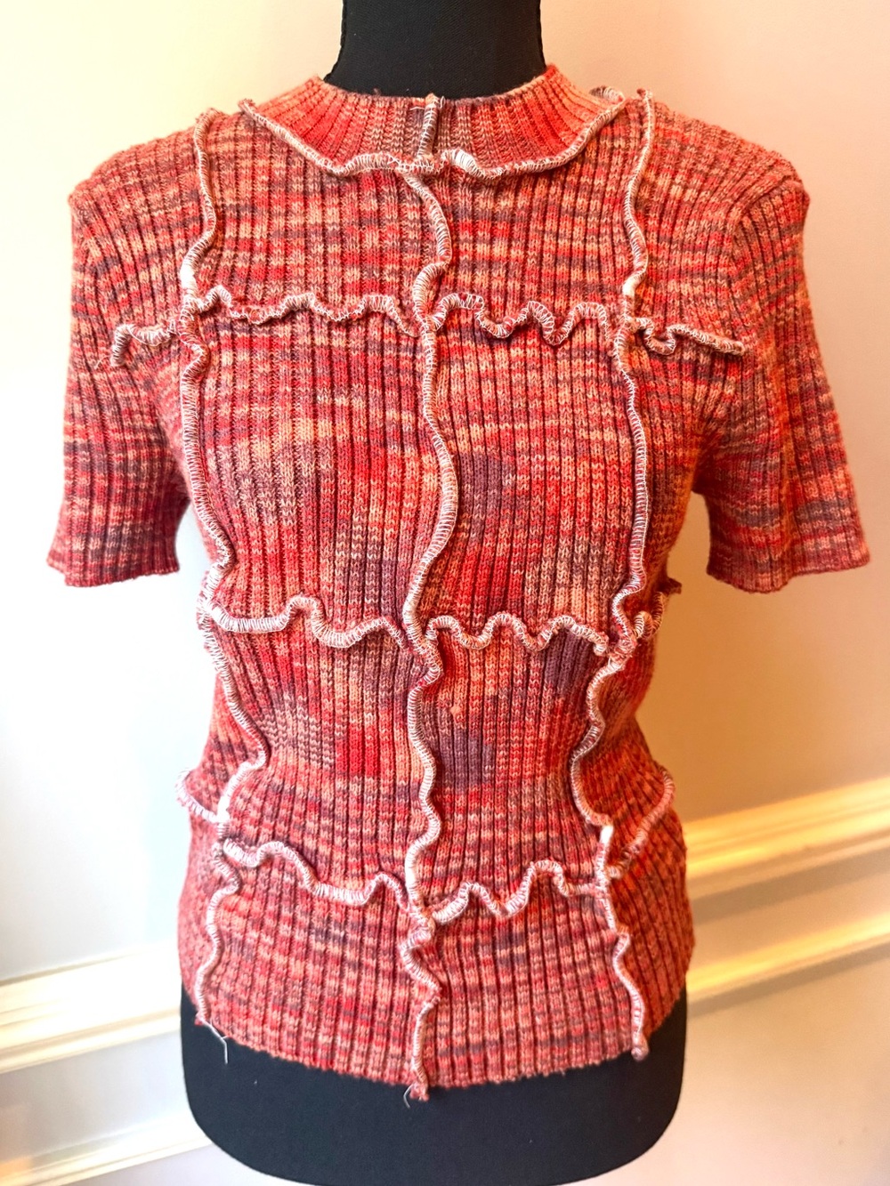 Gilded Intent Ribbed Ruffle Trim Knit Top Mock Neck Short Sleeve Marled Size M